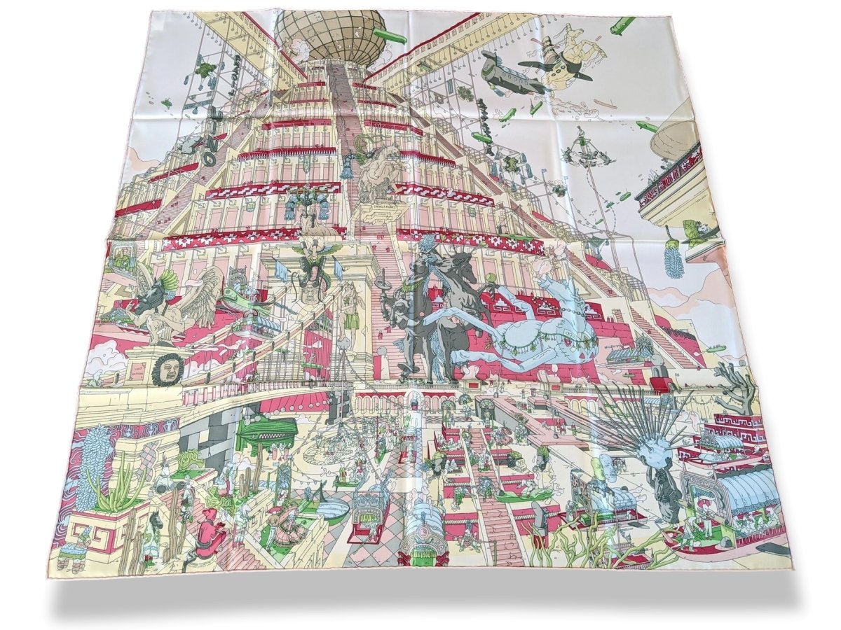 Hermes [AC7] Green/White/Pink LA LEGENDE DU CHEVAL A PLUMES by Ugo Gattoni Twill Carre 90cm cm, NWT! - poupishop