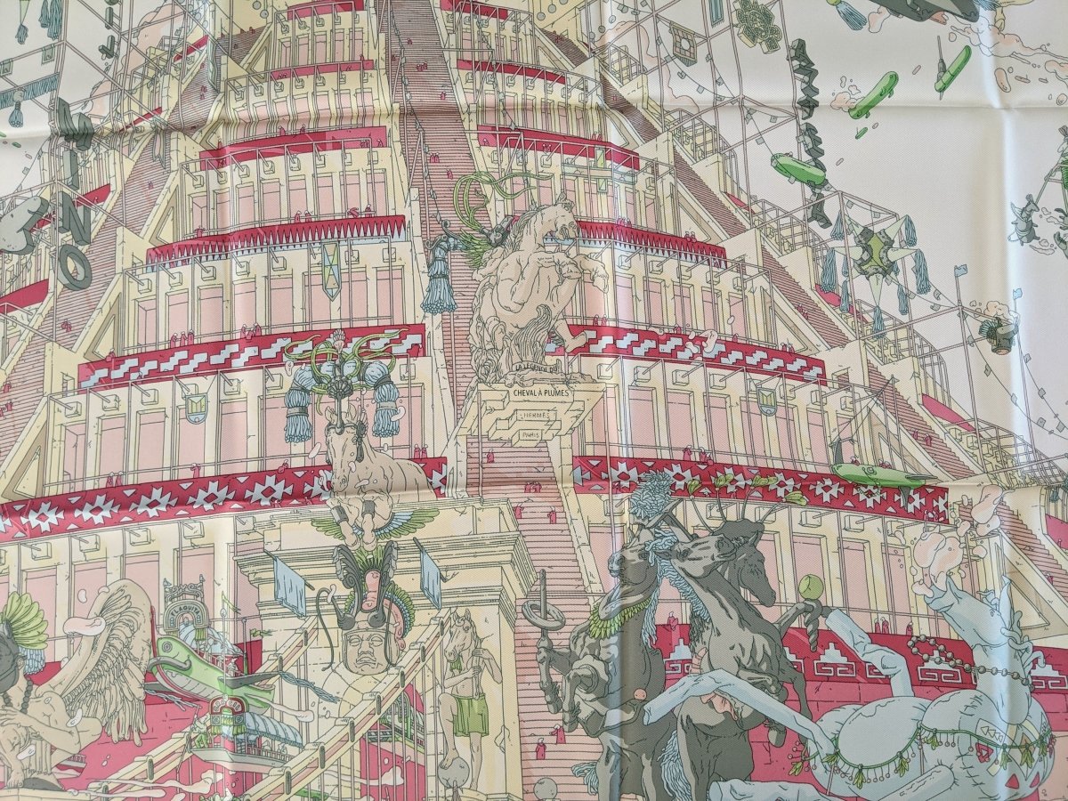 Hermes [AC7] Green/White/Pink LA LEGENDE DU CHEVAL A PLUMES by Ugo Gattoni Twill Carre 90cm cm, NWT! - poupishop