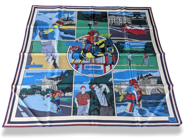 Hermes [AC9] Bleu/Vert/Bleu dur CARRE DOUBLE FACE WOW Twill Scarf 90cm, BNWTIB! - poupishop