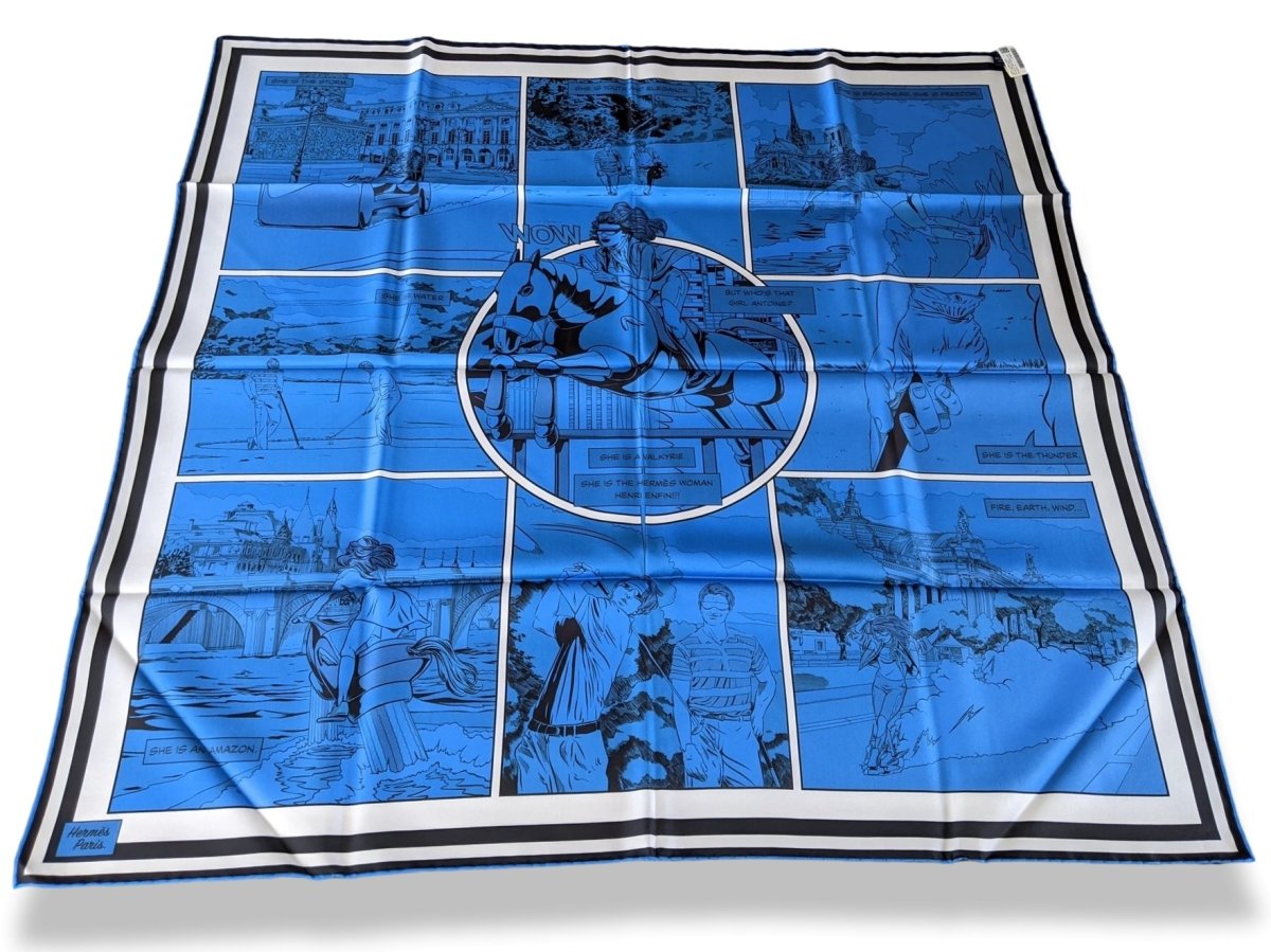 Hermes [AC9] Bleu/Vert/Bleu dur CARRE DOUBLE FACE WOW Twill Scarf 90cm, BNWTIB! - poupishop