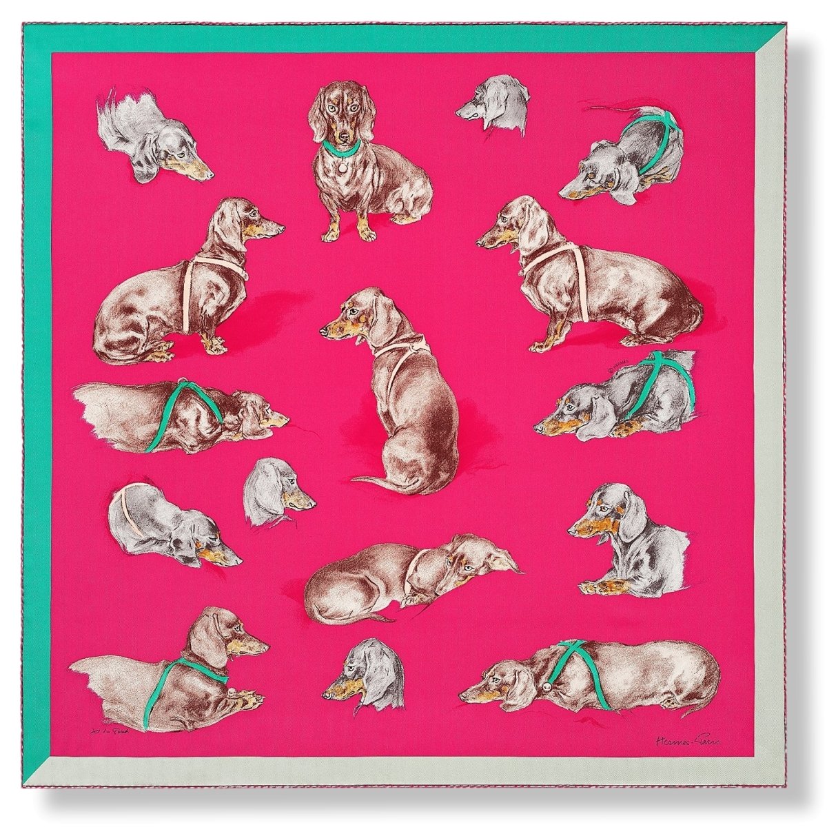 HERMES [AC9] Fuchsia/Etoupe/Vert LES BASSETS by Xavier de Poret Printed Silk 70, BNWT! - poupishop