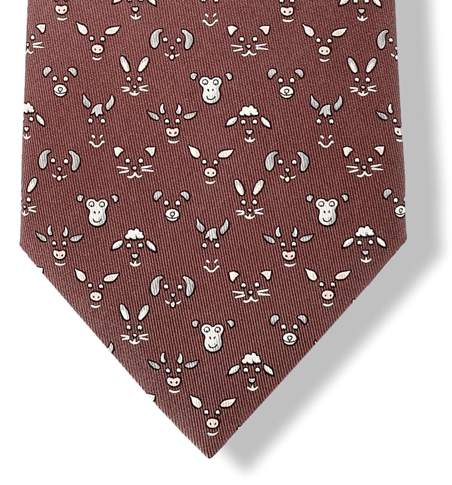 Hermes 5472 Monkey Cow Pig Sheep.. Twill Silk Tie 9CM