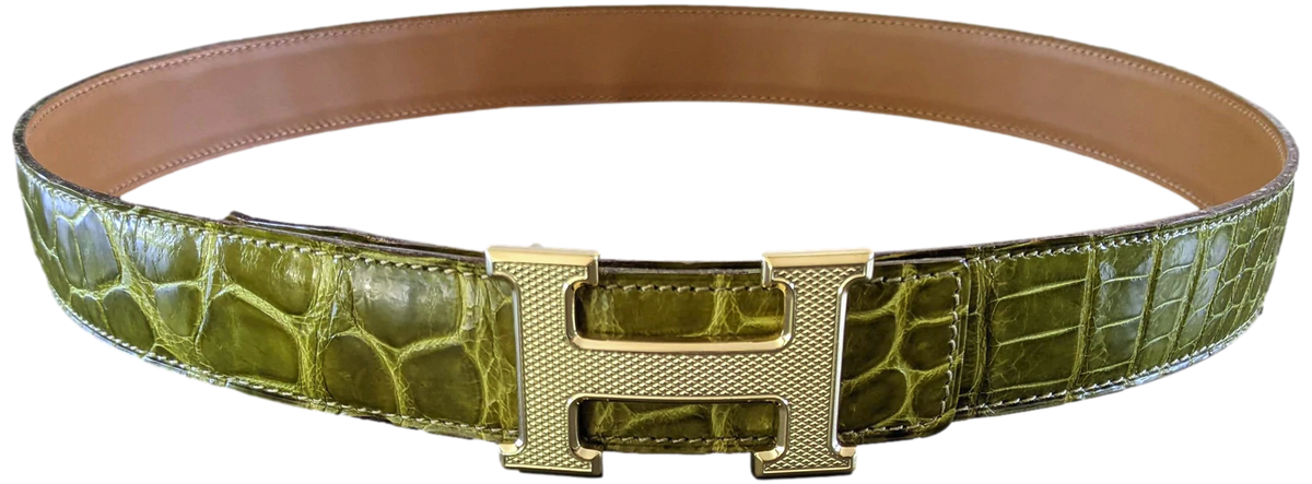 Hermes Anis/Naturel Crocodile Alligator Reversible Strap Belt 32 mm, Sz 90