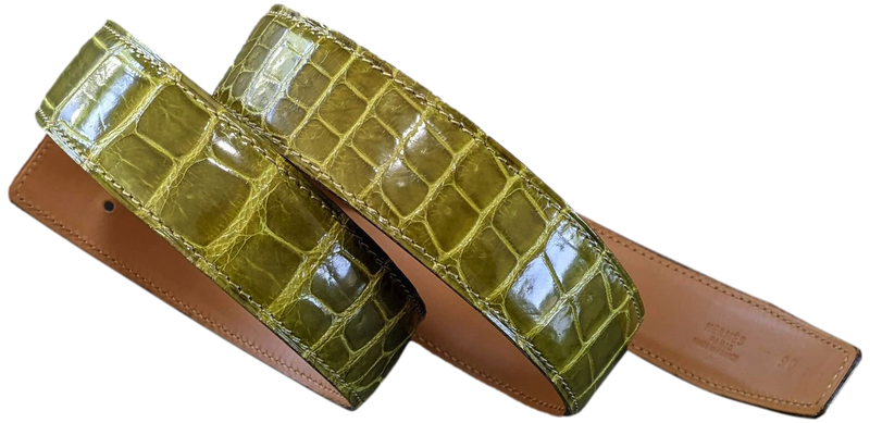 Hermes Anis/Naturel Crocodile Alligator Reversible Strap Belt 32 mm, Sz 90