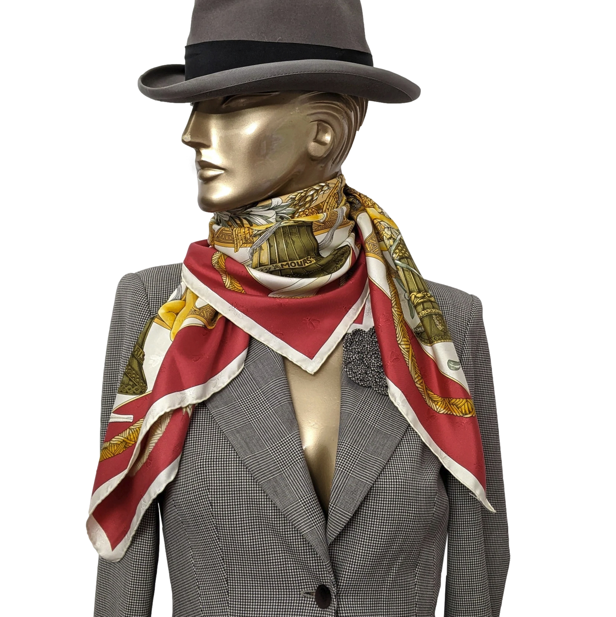 Hermes 1999 Red "Amours" by Annie Faivre Twill Jacquard Silk Scarf 90
