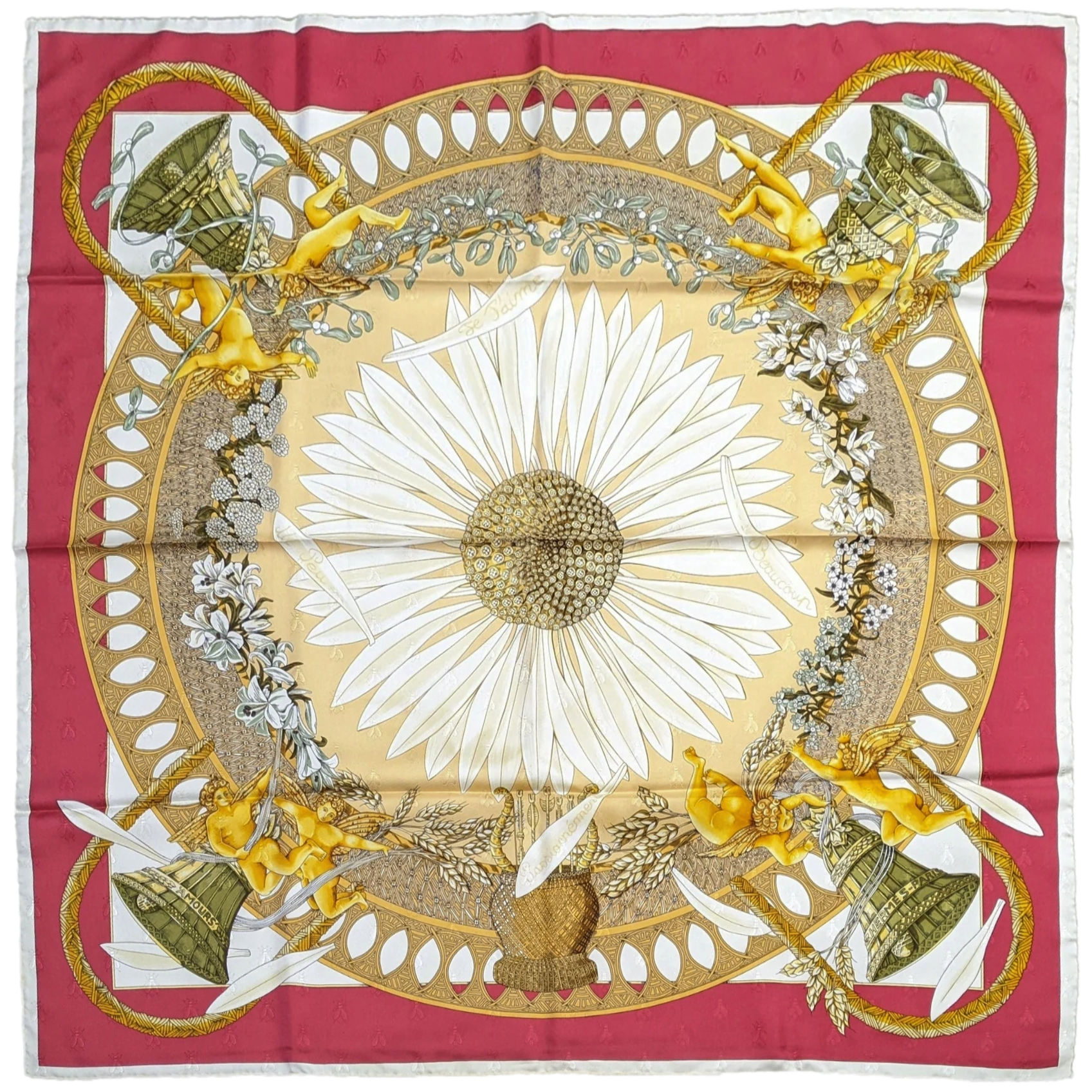 Hermes 1999 Red "Amours" by Annie Faivre Twill Jacquard Silk Scarf 90