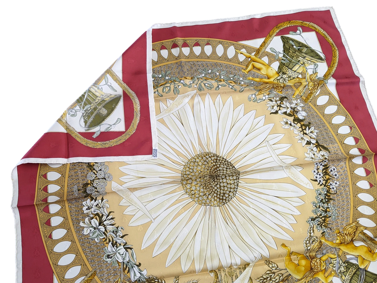 Hermes 1999 Red "Amours" by Annie Faivre Twill Jacquard Silk Scarf 90