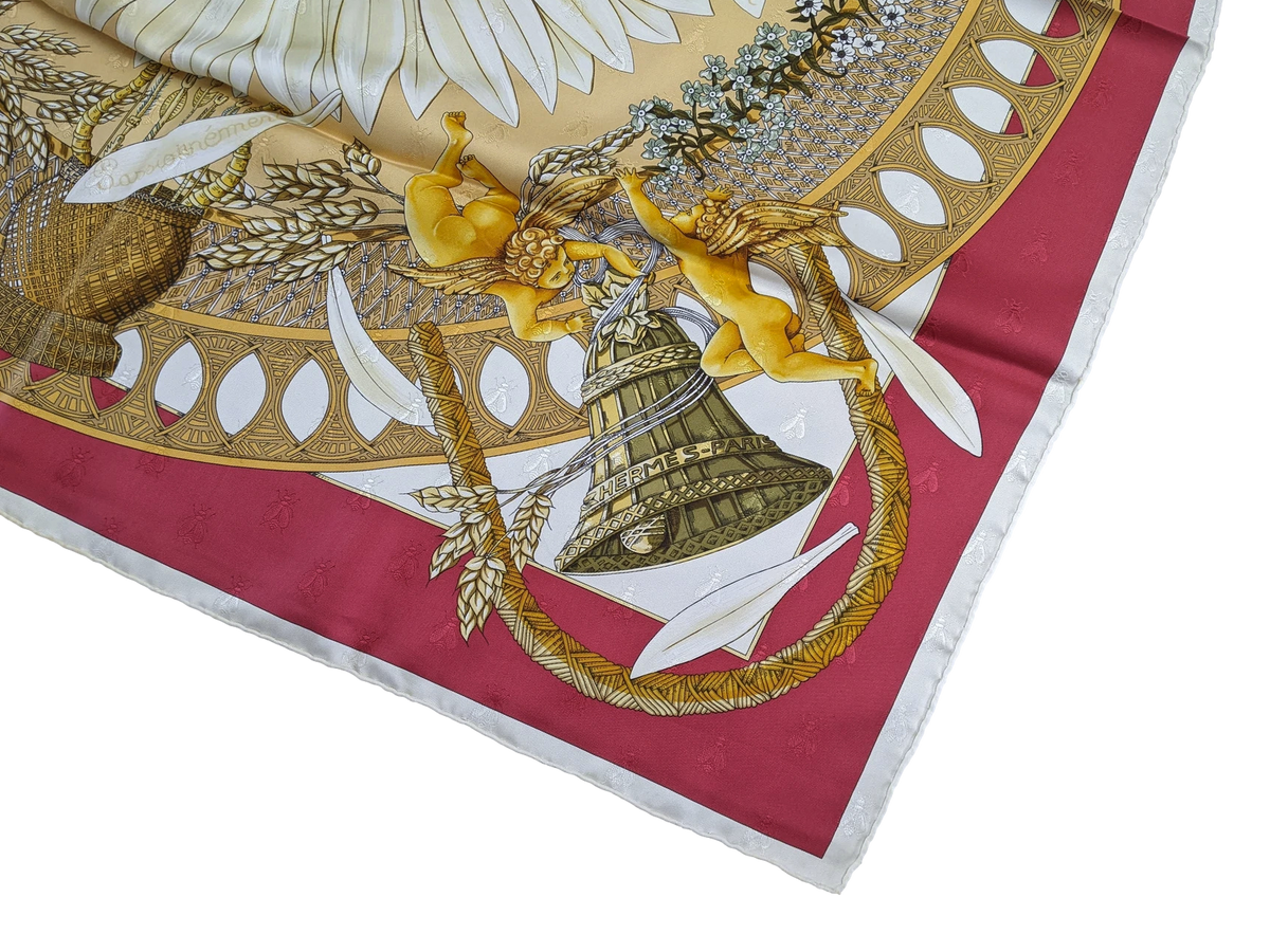 Hermes 1999 Red "Amours" by Annie Faivre Twill Jacquard Silk Scarf 90