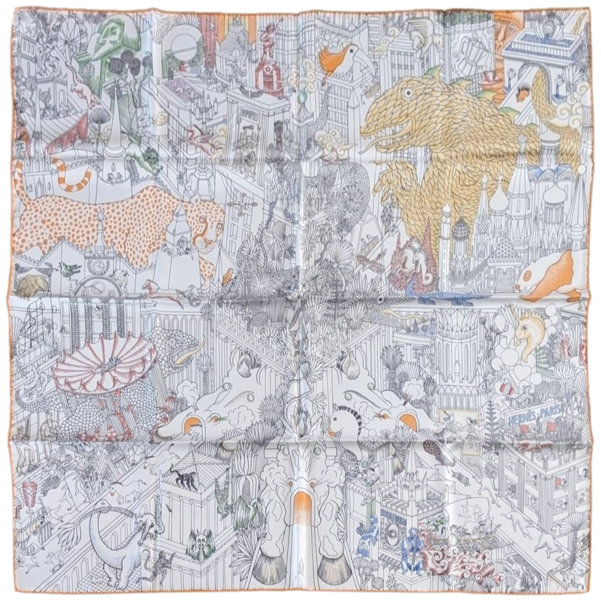 Hermes 2018 Blanc/Jaune/Vert ANIMAPOLIS by Jan Bajtlik Twill scarf 90
