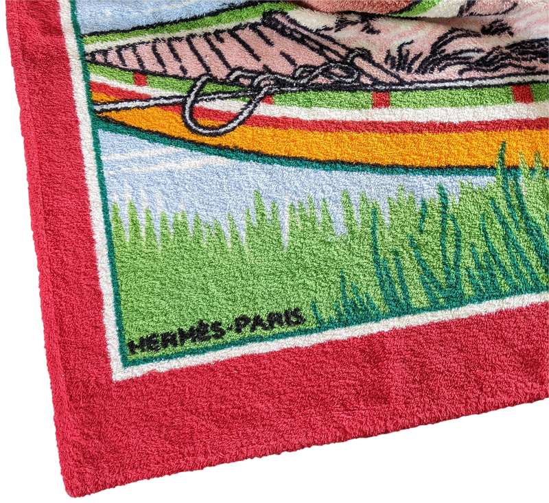 Hermes Vintage Cotton Terry "Asian Fishing Scene" Beach Towel 90 x 150 cm