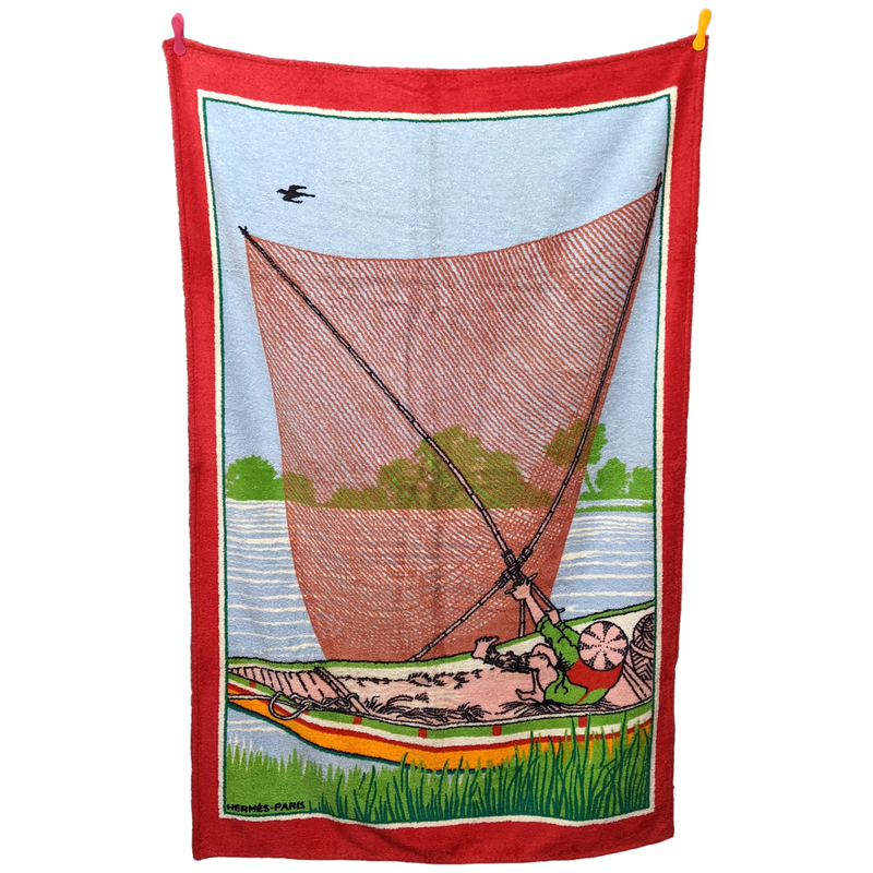 Hermes Vintage Cotton Terry "Asian Fishing Scene" Beach Towel 90 x 150 cm