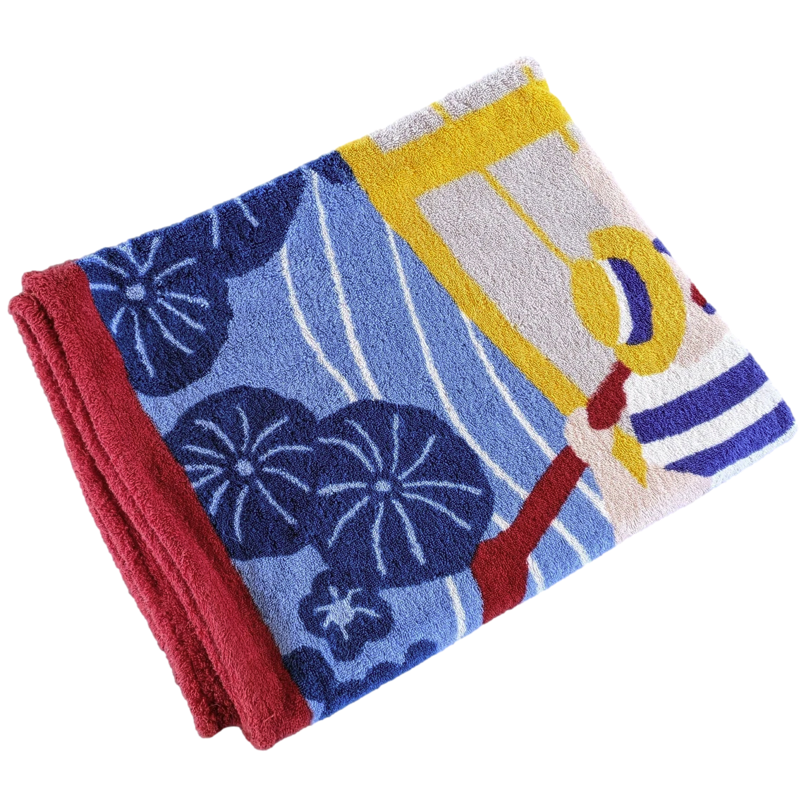 Hermes Vintage Bordeaux/Bleu Cotton Terry "Asiatic Scene" Beach Towel 90 x 150 cm