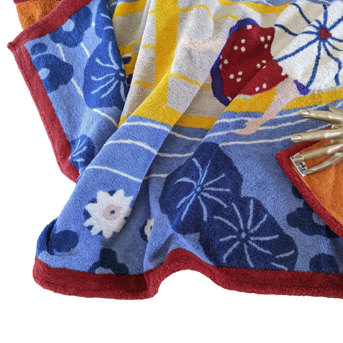 Hermes Vintage Bordeaux/Bleu Cotton Terry "Asiatic Scene" Beach Towel 90 x 150 cm