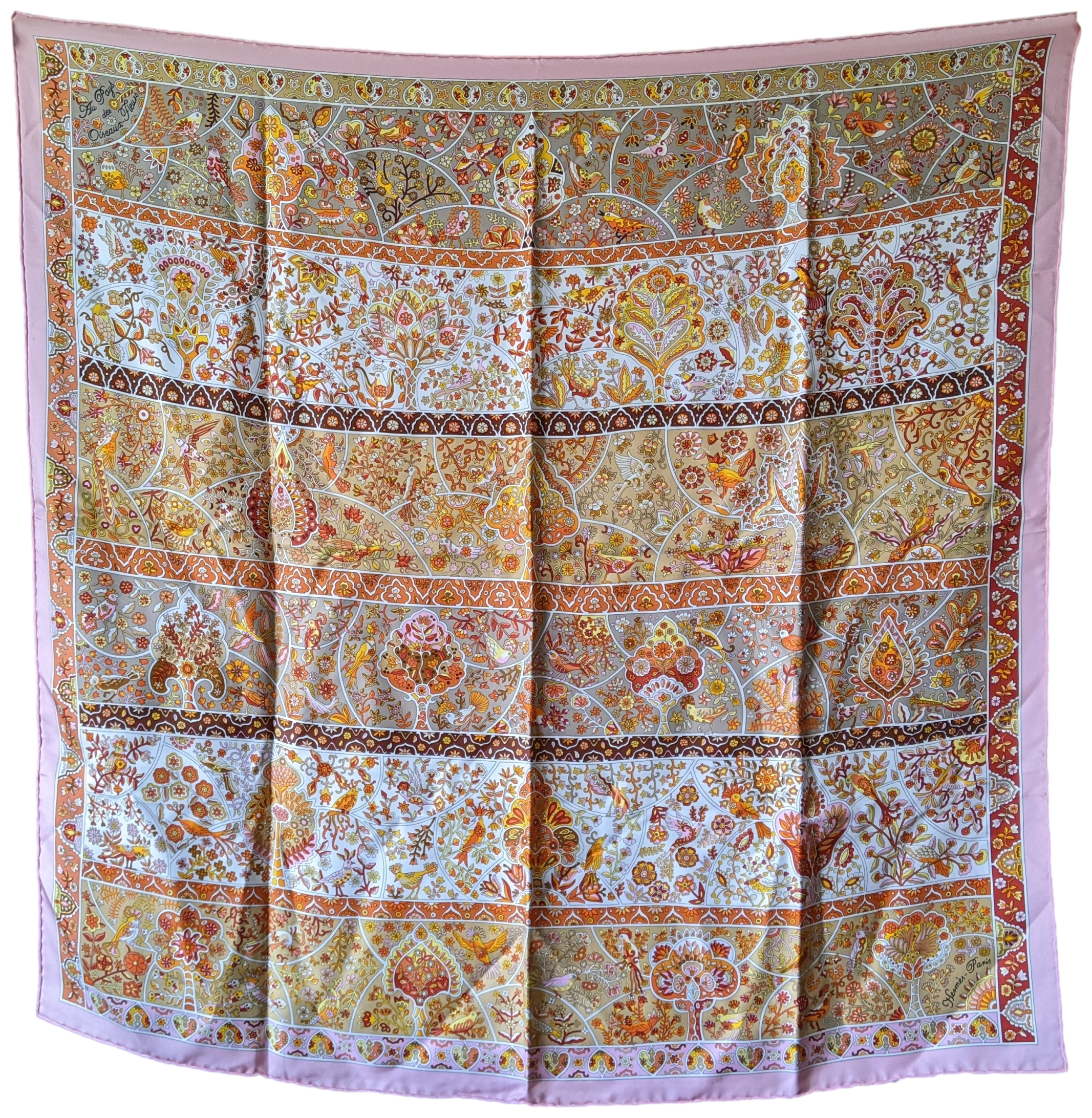 Hermes Rose "Au Pays des Oiseaux Fleurs" Twill Scarf 90 x 90 cm