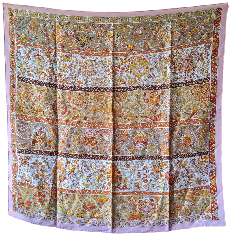 Hermes Rose "Au Pays des Oiseaux Fleurs" Twill Scarf 90 x 90 cm