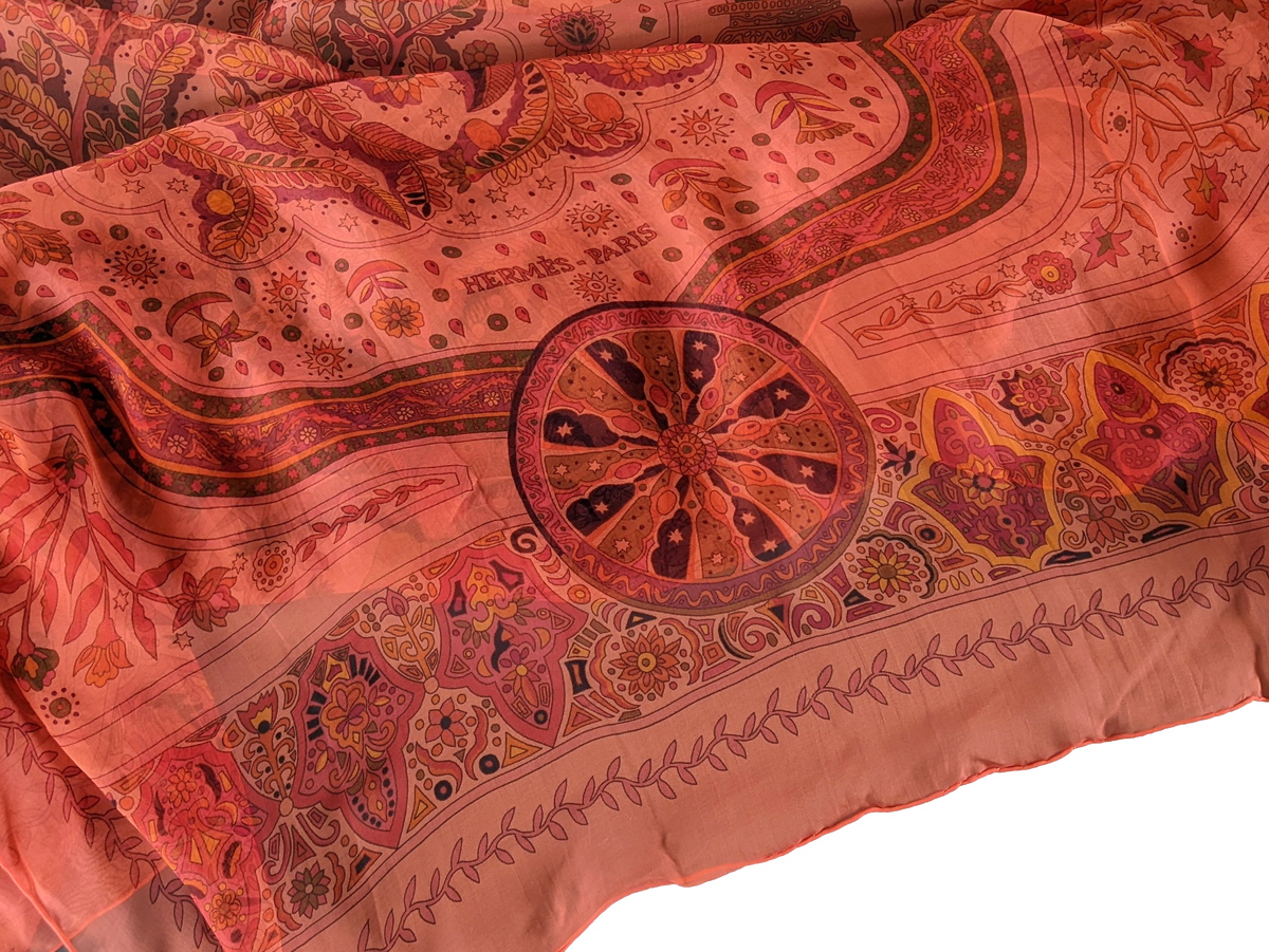 Hermes Lipstick/Corail " Aux Portes du Palais " by Christine Henry Mousseline Shawl 140