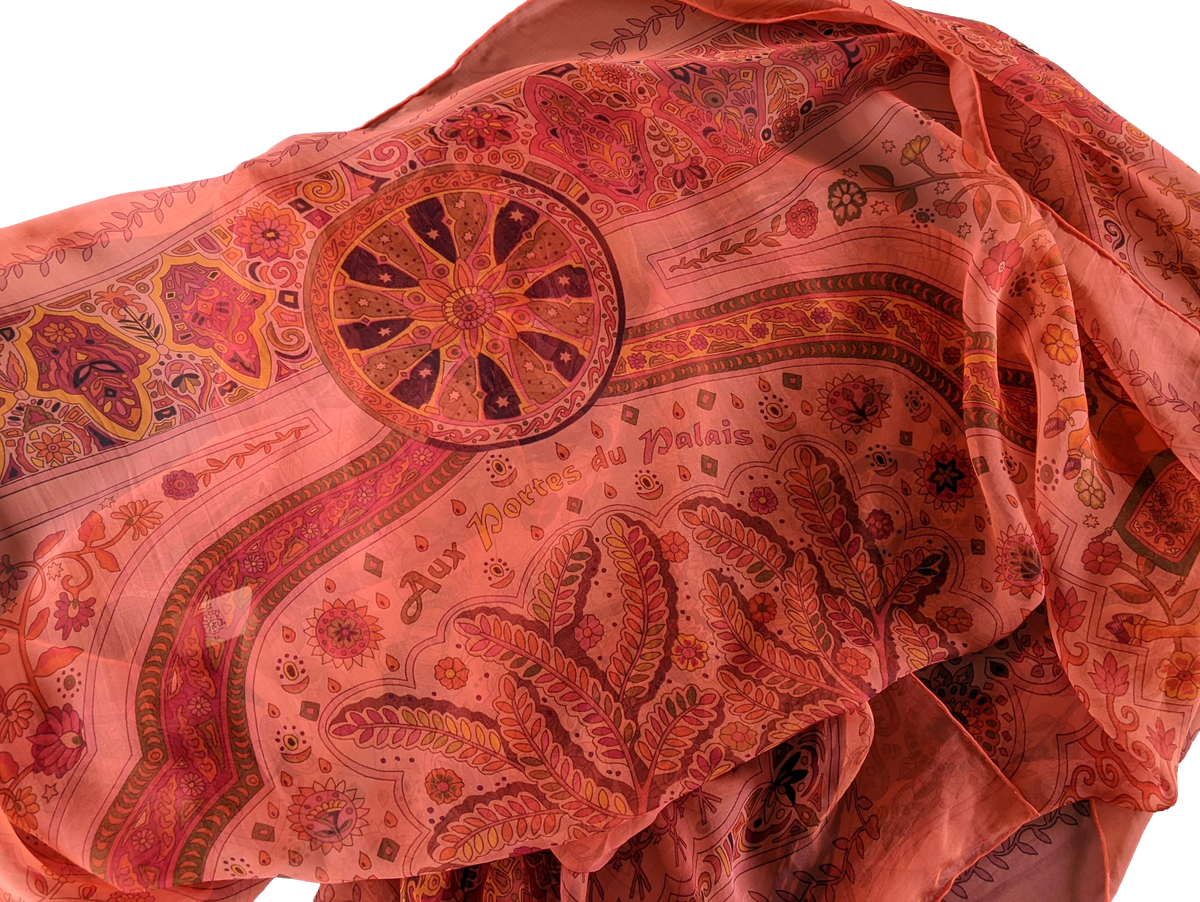 Hermes Lipstick/Corail " Aux Portes du Palais " by Christine Henry Mousseline Shawl 140