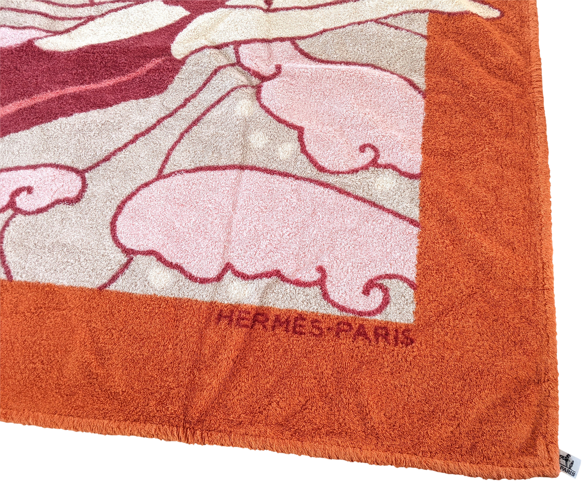 Hermes Orange/Bordeaux/Rose " Bal des Sirenes " Art Deco Tapis de Plage Terry Beach Towel 150 x 90cm