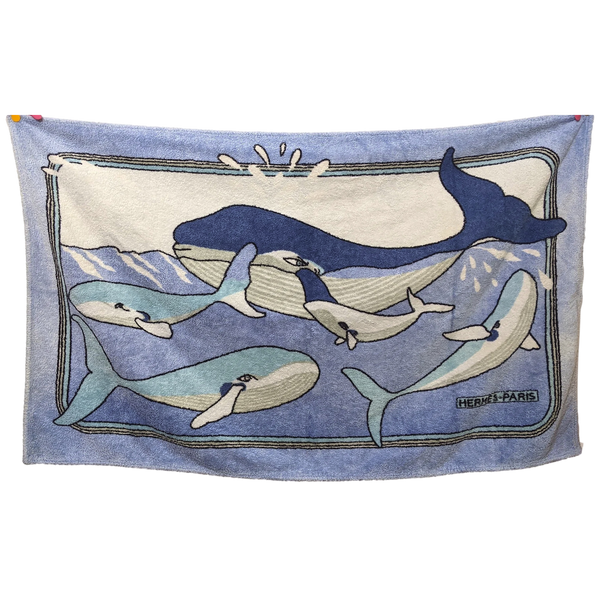 Hermes Vintage Bleu dégradé/Bleu/Blanc "Baleines" Whales Beach Towel 90 x 150 cm