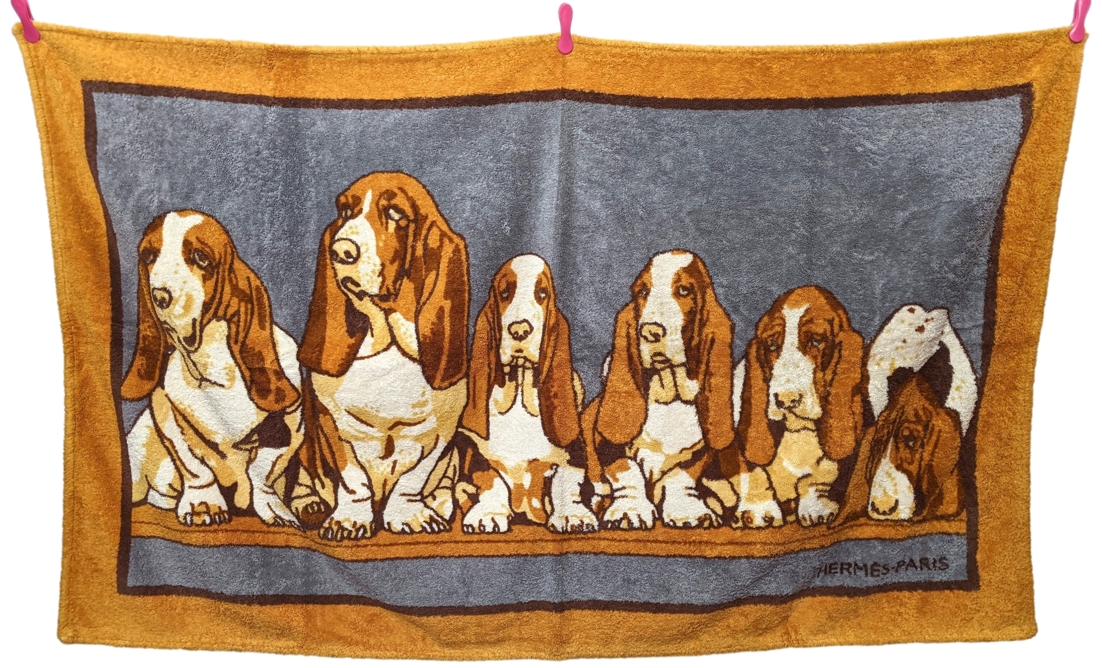 Hermes Orange/Gris Vintage "Basset Hound" Beach Towel 150 x 90 cm