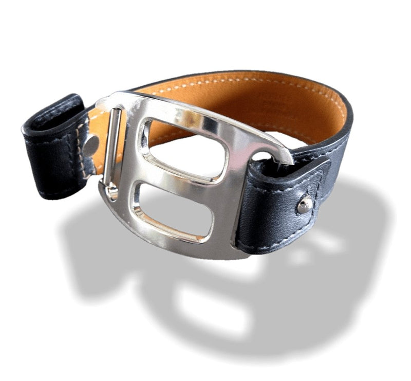 Hermes Chamonix Leather and Plated Silver Pagode Unisex Bracelet