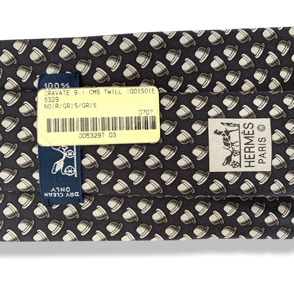 Hermes Black Grey BOWLER HAT Twill Silk Tie 9cm, NWT in Pochette! - poupishop