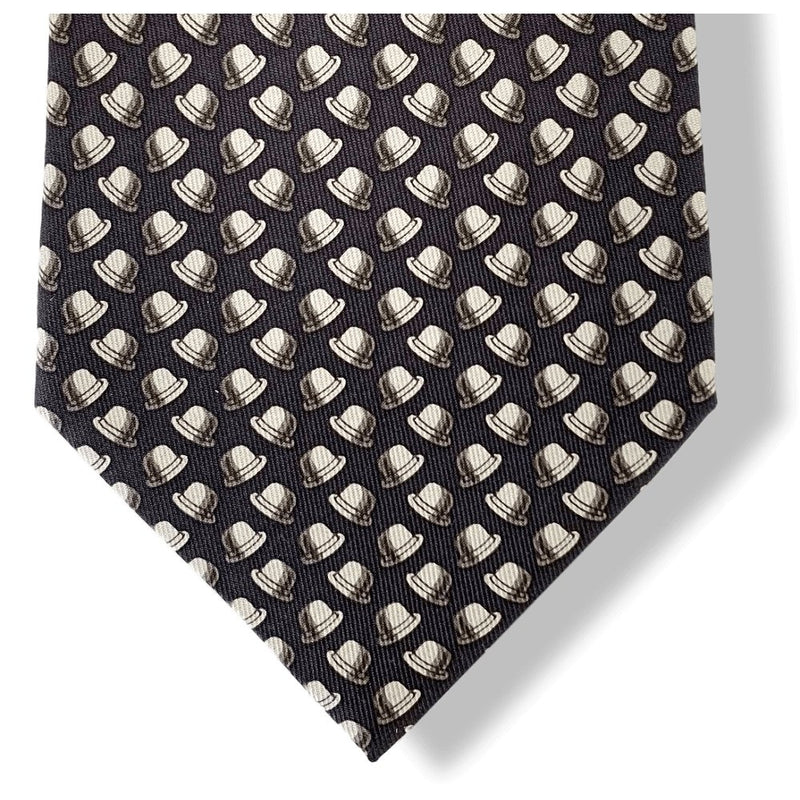 Hermes Black Grey BOWLER HAT Twill Silk Tie 9cm, NWT in Pochette! - poupishop