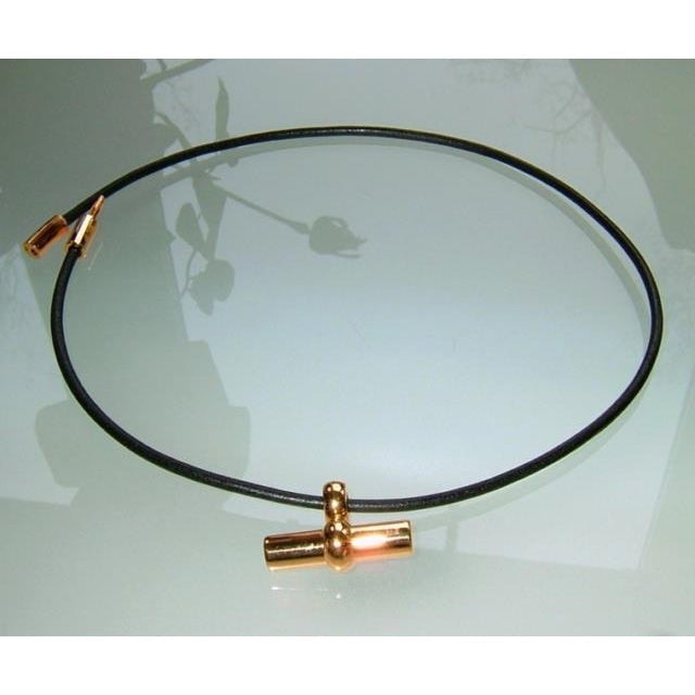 Hermes Black Leather & Plated Gold Necklace Mambo, New! - poupishop