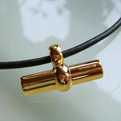 Hermes Black Leather & Plated Gold Necklace Mambo, New! - poupishop