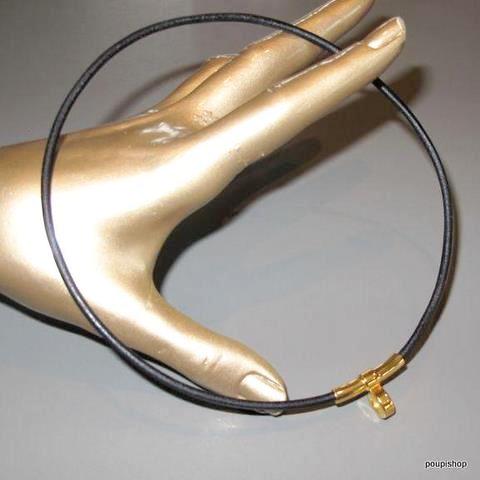 Hermes Black Leather & Plated Gold Necklace Quitte ou Double with Cadenas, New! - poupishop