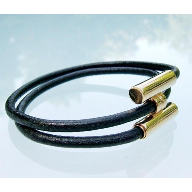 Hermes Black Leather & Plated Gold Unisex Bracelet Tournis, New! - poupishop
