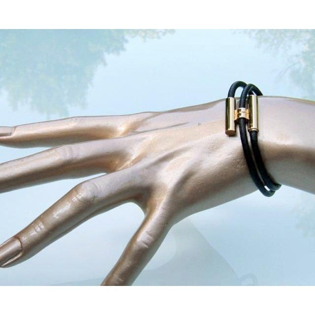 Hermes Black Leather & Plated Gold Unisex Bracelet Tournis, New! - poupishop