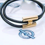 Hermes Black Leather & Plated Gold Unisex Bracelet Tournis, New! - poupishop