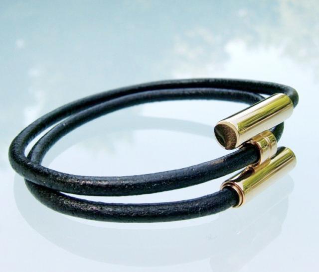 Hermes Black Leather & Plated Gold Unisex Bracelet Tournis, New! - poupishop