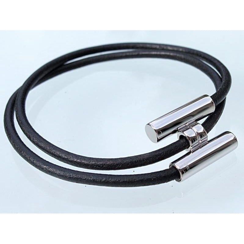 Hermes Black Leather & Plated Silver Unisex Bracelet Tournis, New! - poupishop