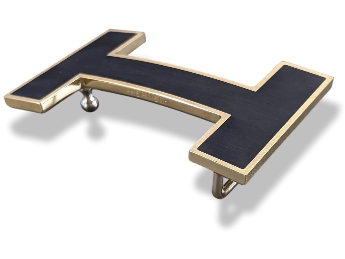Hermes Black Matt Enamel/Brushed Permabrass QUIZZ BROSSÉ Belt Buckle H 32mm, New! - poupishop