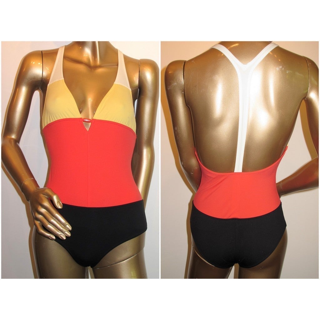 Hermes Black Red Jaune White Swimsuit 1pc Sz40, NEW! - poupishop