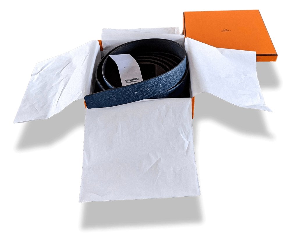 Hermes Black/Bleu de Prusse Chamonix/Togo Calfskin Reversible Belt Strap 38 MM, BNWTIB! - poupishop