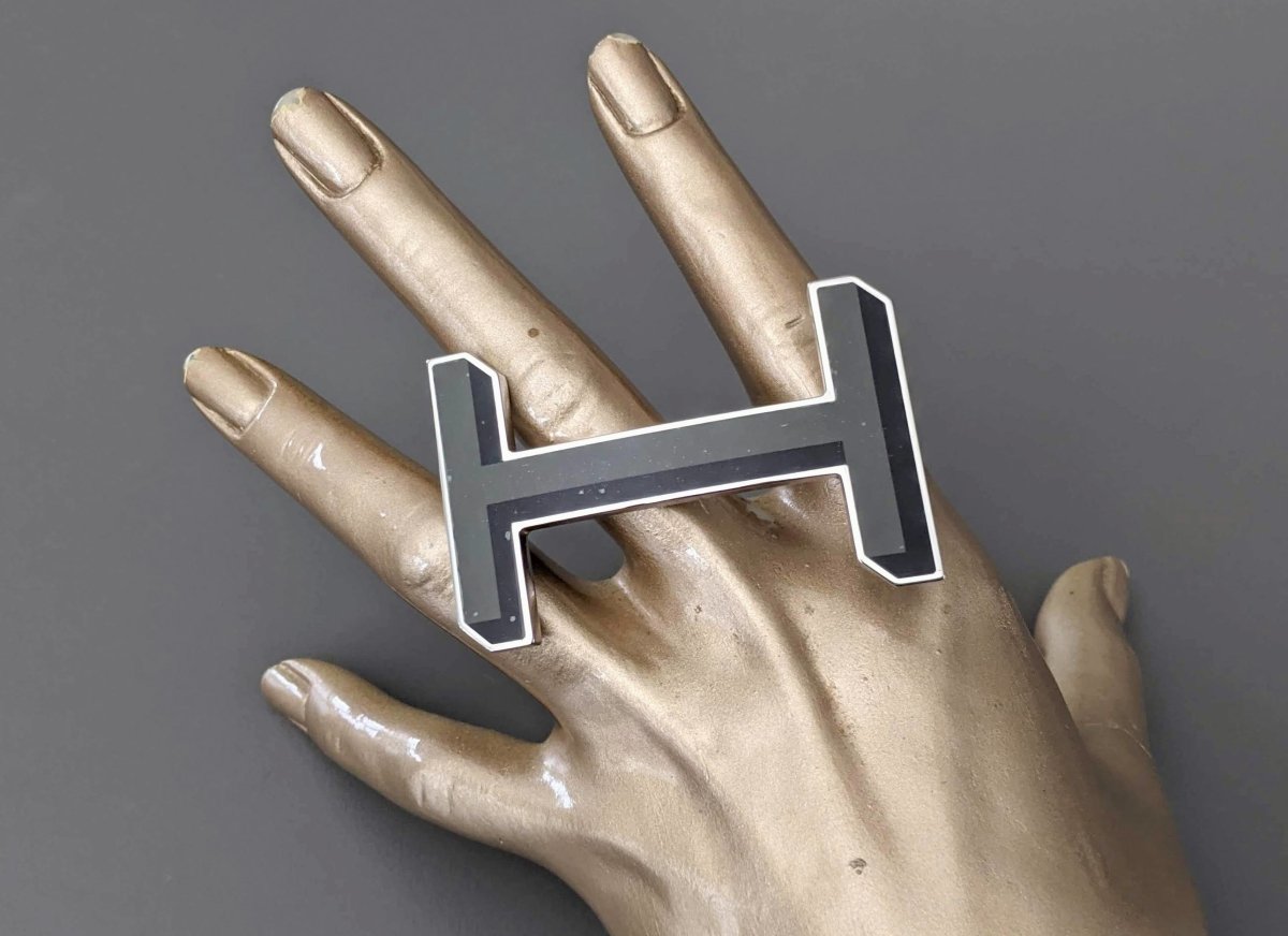 Hermes Black/Green-Grey Enamel and Palladium H OPTIQUE 3D Belt Buckle 32 mm, NEW with Plastic Protection! - poupishop