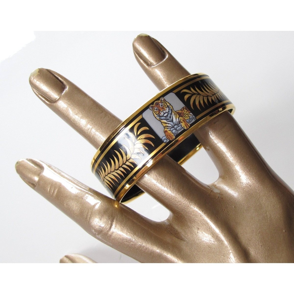 Hermes Black/Grey Enamel Gold Trim Tigre Royal Wide Bangle Bracelet 65, NIB! - poupishop