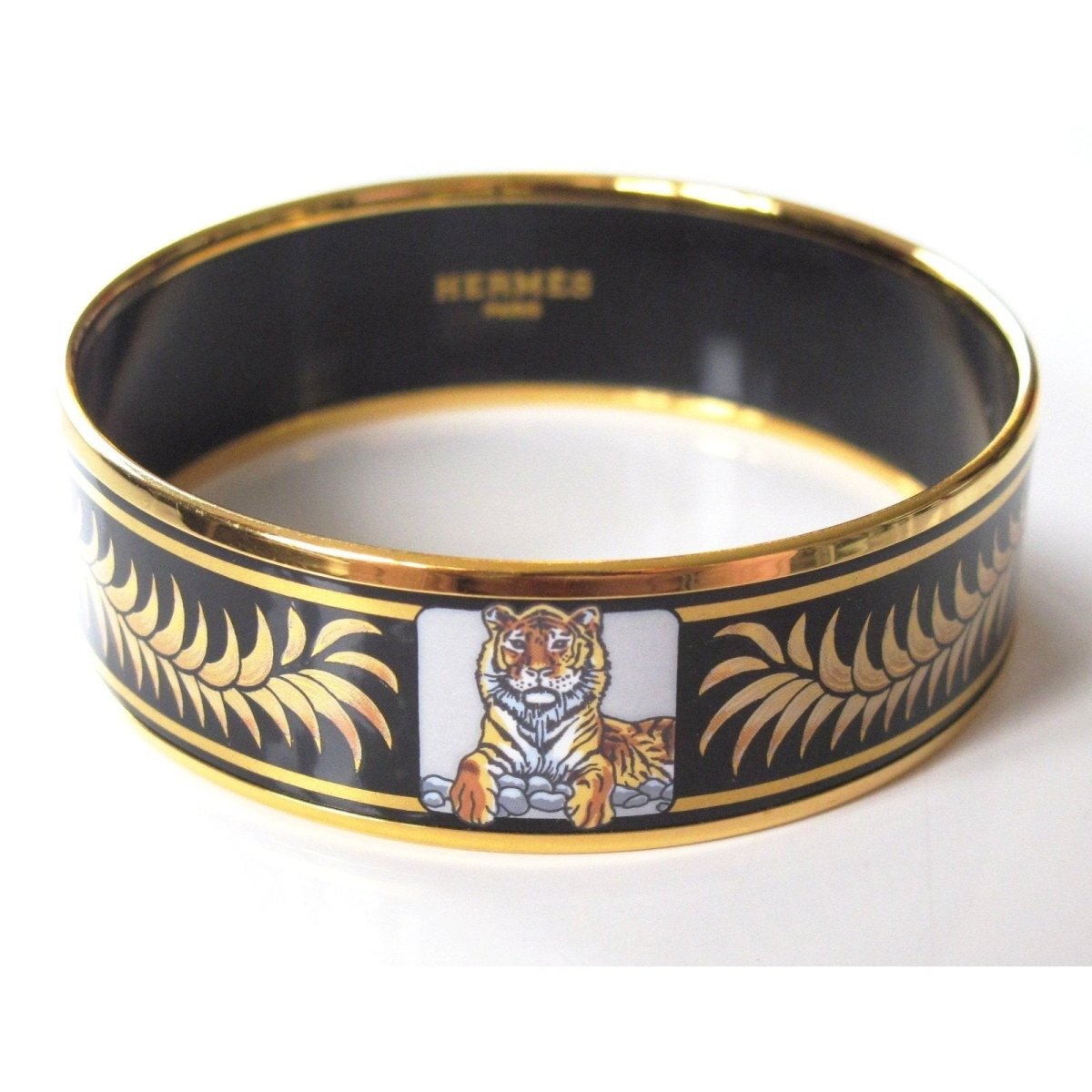 Hermes Black/Grey Enamel Gold Trim Tigre Royal Wide Bangle Bracelet 65, NIB! - poupishop