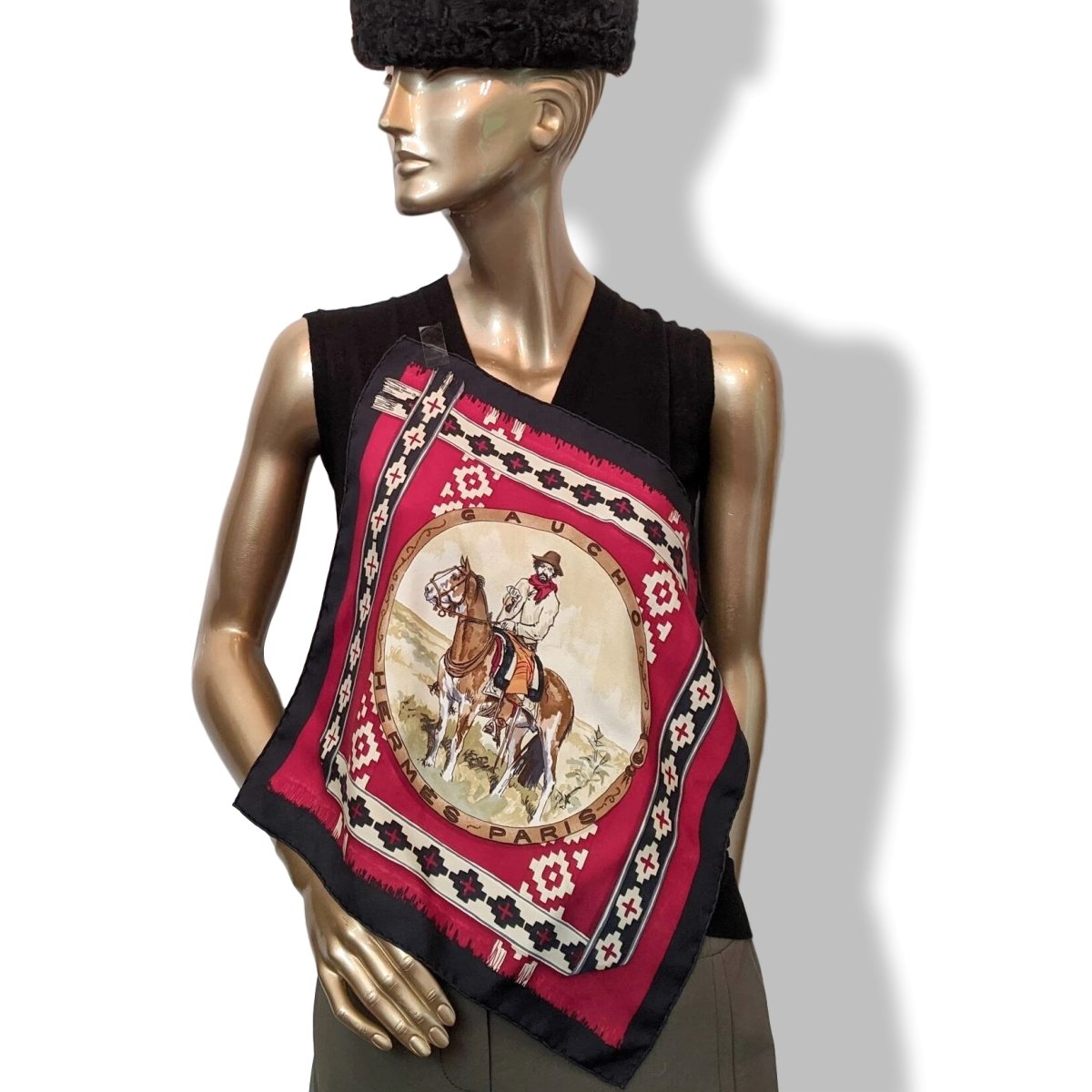 Hermes Black/Red GAUCHO Gavroche Pochette Twill Scarf 45 cm, RARE!