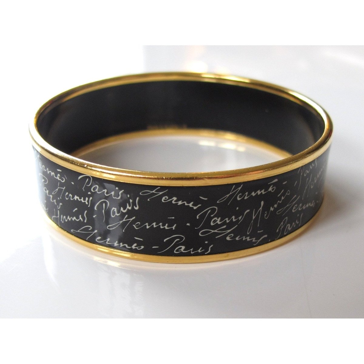Hermes Black/White Enamel Gold Trim Ecriture Wide Bangle Bracelet 65 - poupishop