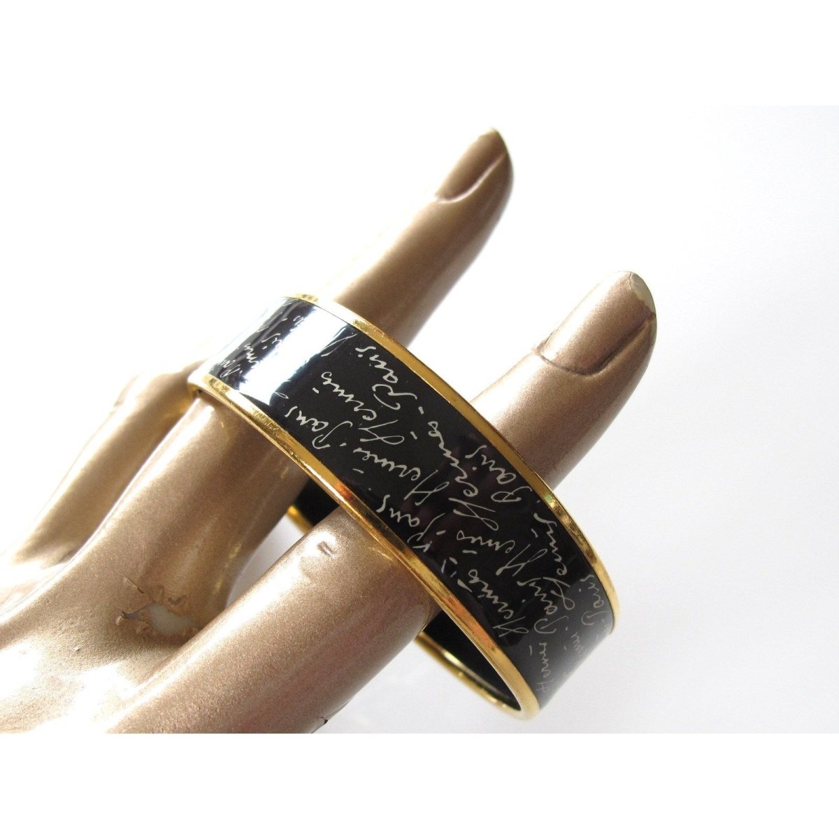 Hermes Black/White Enamel Gold Trim Ecriture Wide Bangle Bracelet 65 - poupishop