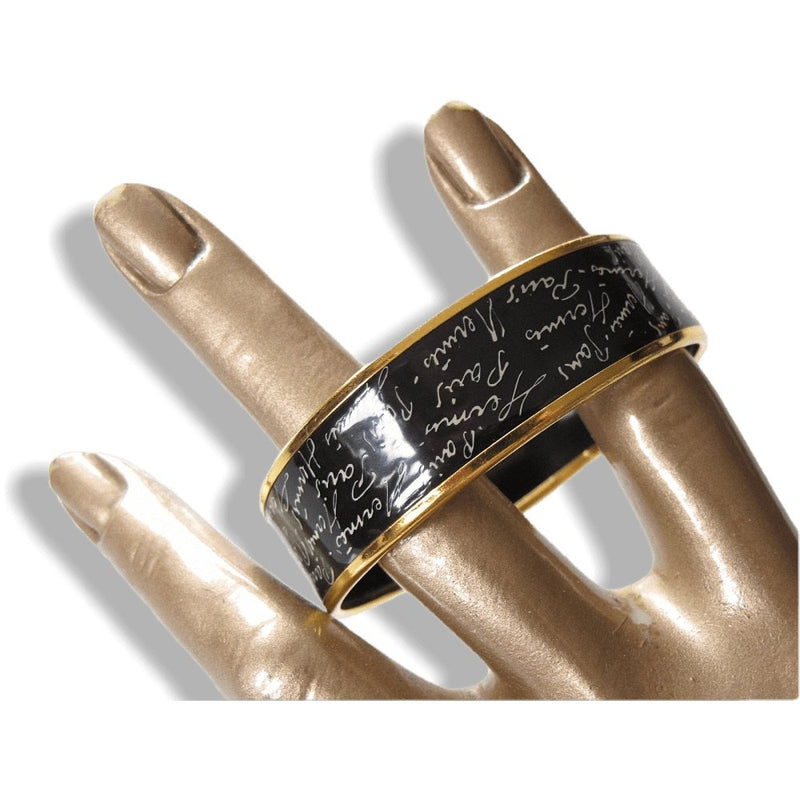 Hermes Black/White Enamel Gold Trim Ecriture Wide Bangle Bracelet 65
