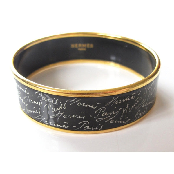 Hermes Black/White Enamel Gold Trim Ecriture Wide Bangle Bracelet 65