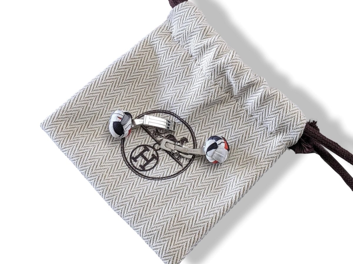 Hermes Black/White/Red Silk Pom-Pom Pompon Cufflinks, New in Pochette!