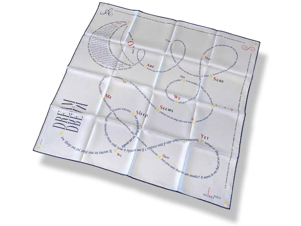 Hermes Blanc/Marine/Jaune CARREVE (Shakespeare) Jacquard Twill Silk Scarf 70 cm, Rare, New!