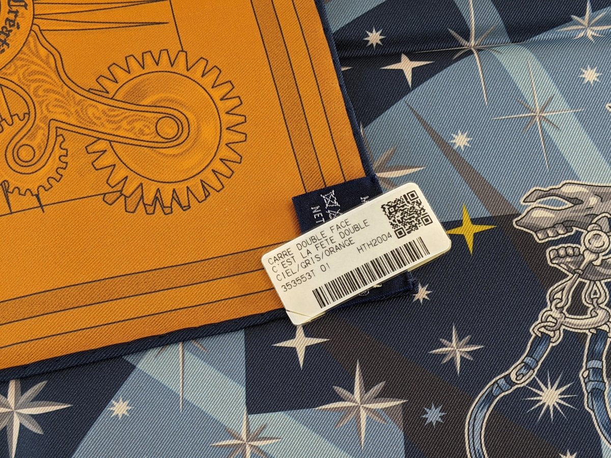 Hermes Bleu Clair/Orange C'EST LA FETE by Daiske Nomura DOUBLE FACE Twill Scarf 90, BNWTIB!