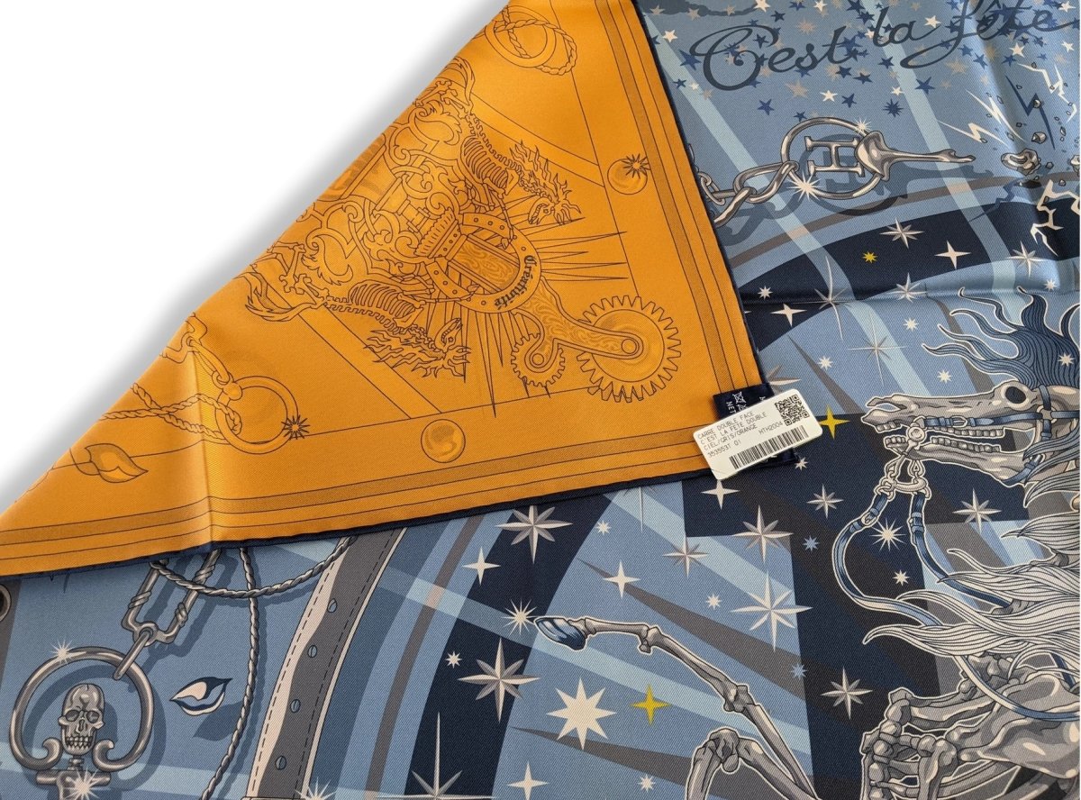 Hermes Bleu Clair/Orange C'EST LA FETE by Daiske Nomura DOUBLE FACE Twill Scarf 90, BNWTIB!